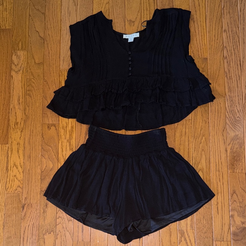 HYFVE Black Button-Front Ruffle Crop Top and Matching High-Waisted Shorts Set